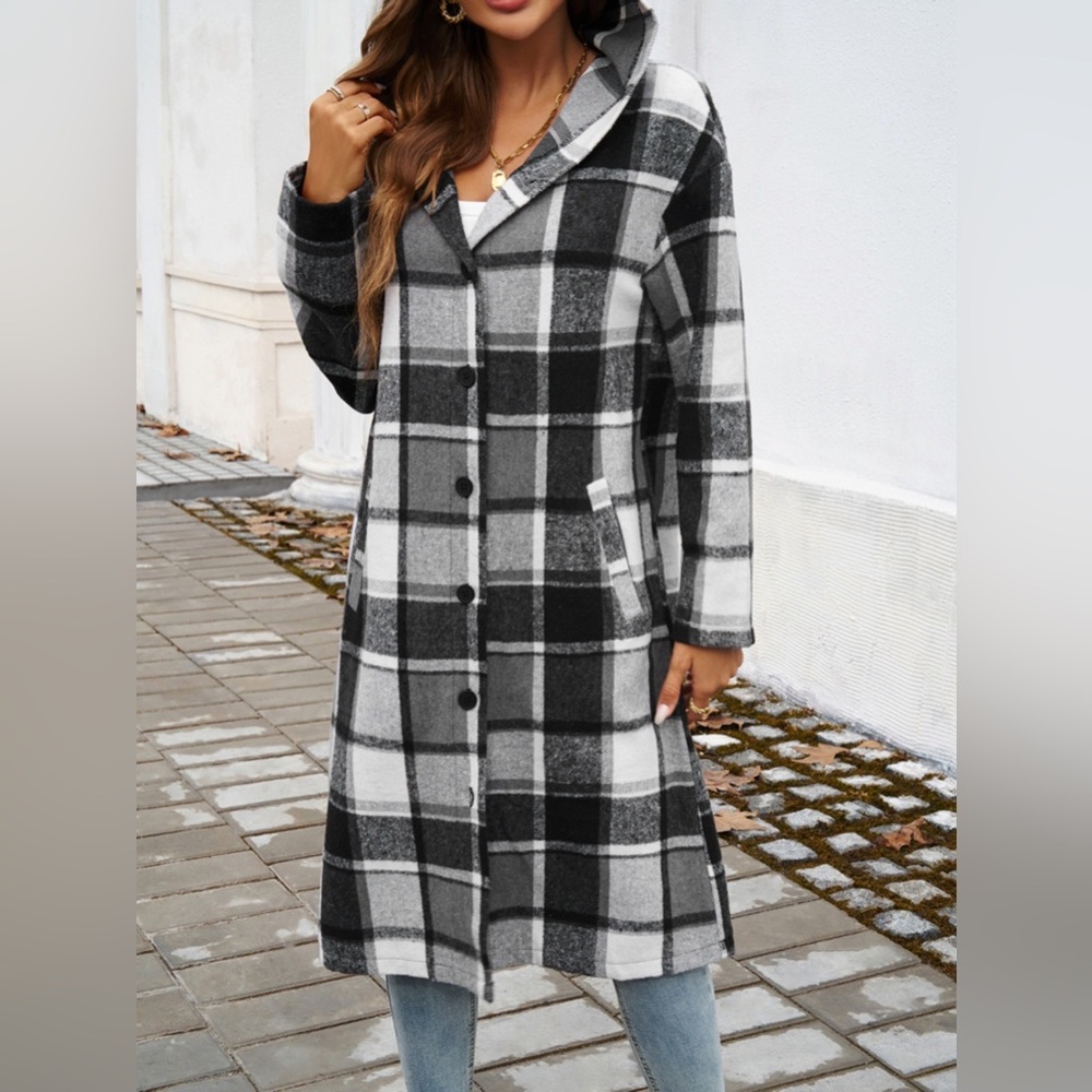 Ella hooded button down plaid coat - Picture 2 of 6